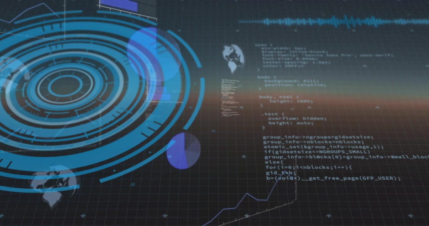 Playback starting; HUD rotating, pie discs rising, code scrolling, visualizing streaming tech data