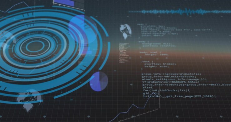 Playback starting; HUD rotating, pie discs rising, code scrolling, visualizing streaming tech data