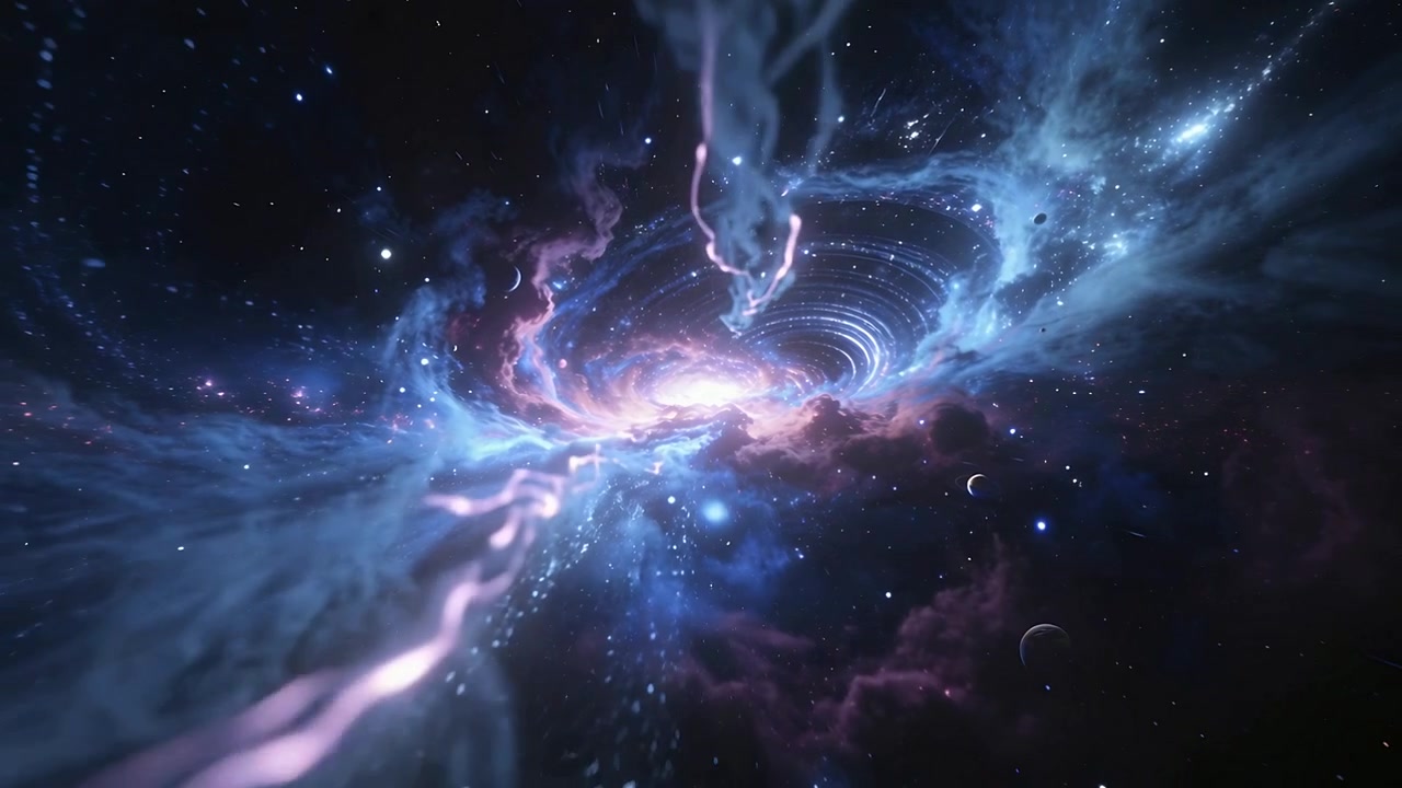 Drifting camera showing luminous spiral vortex pulling gas tendrils inward in space, planets right