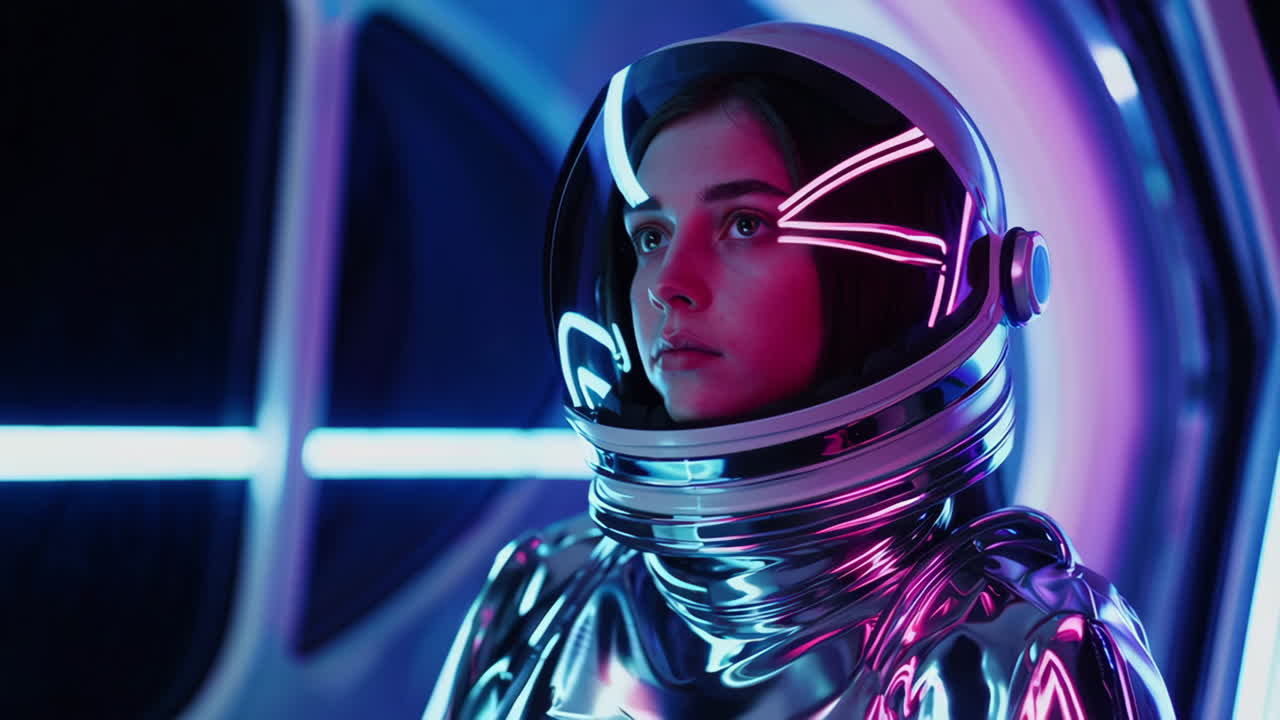 Donna in tuta da astronauta futuristica con illuminazione al neon