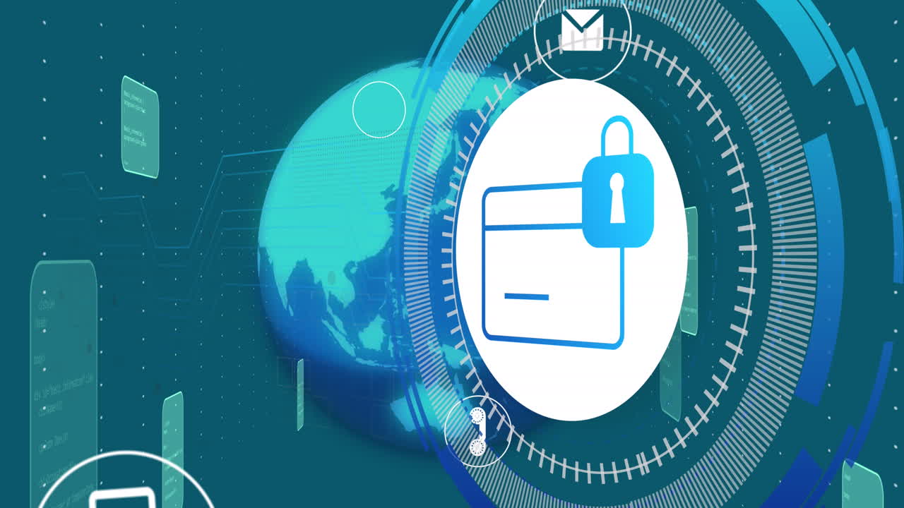 animación del globo, el icono del candado y el procesamiento de datos sobre fondo azul