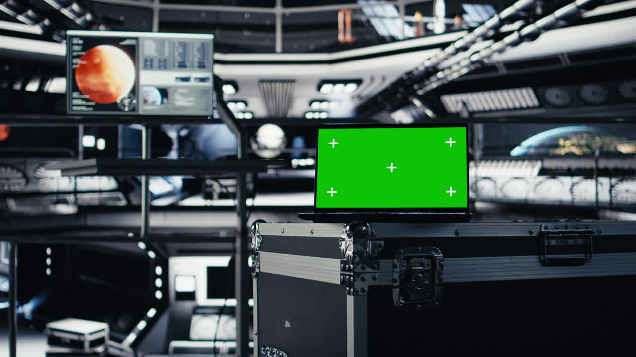 Green screen laptop in spacecraft used for data input