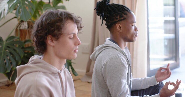 Diverse hoodied friends starting meditation at home camera moving man forming mudra by mug for calm