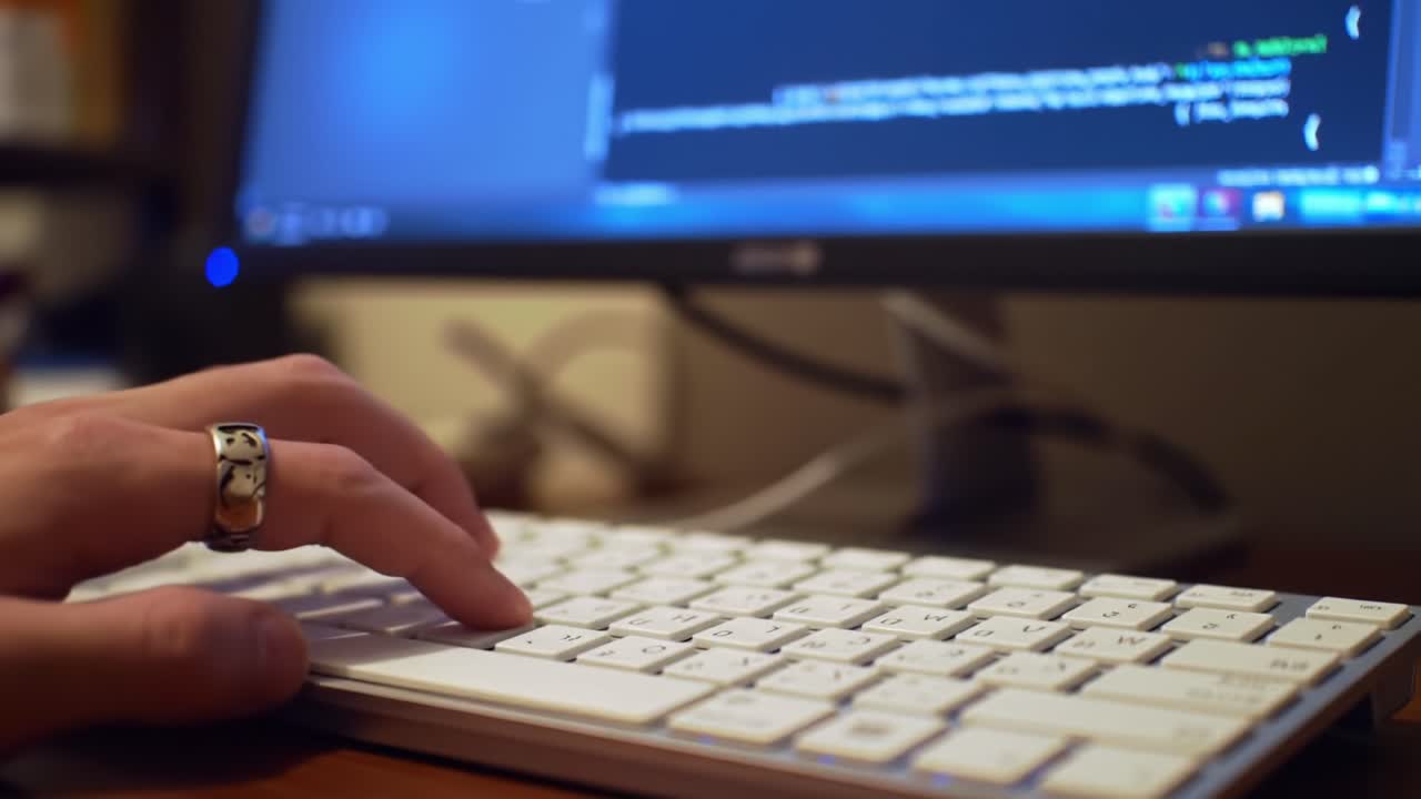 Focused on Coding: A Close-Up of Hands Typing on a Keyboard with a Computer Screen Displaying Lines of Code in a Programming Environment