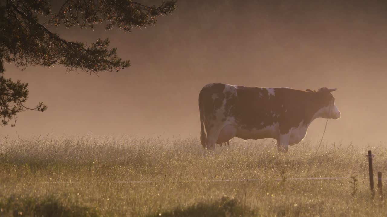 Una mattina nebbiosa in un prato e una mucca che scaccia gli insetti molesti