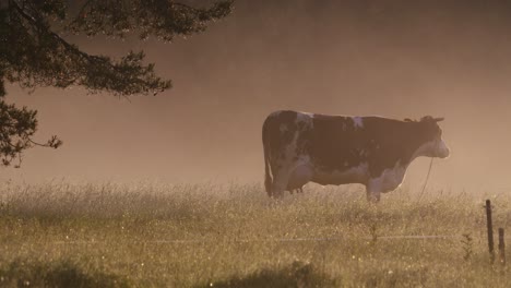 a misty morning in a meadow and a cow chasing away intruding insects