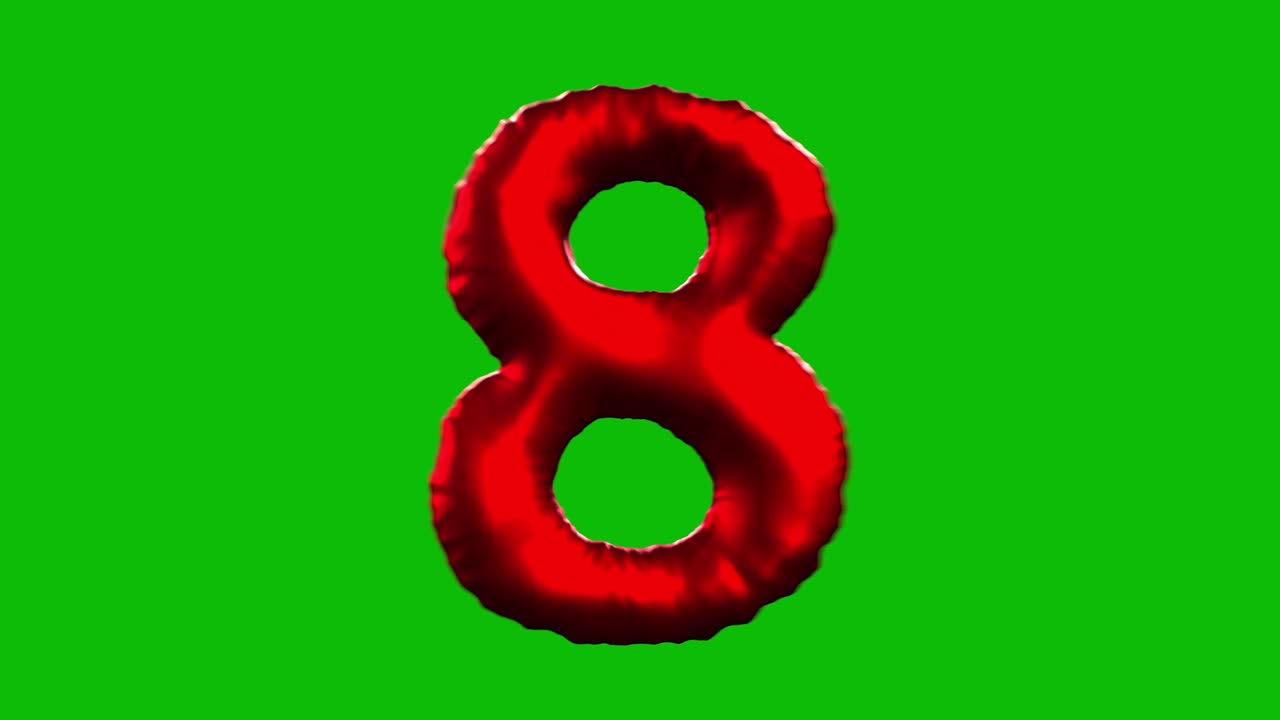 Red Foil balloon number 8 inflates, spins, and reveals on green screen in 3D animation. Ideal for celebrations, parties, birthdays, and video editing projects