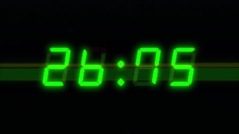 a four number, 30 second digital clock counting down. green integers on a black background with vhs type glitches and distortions. retro digital alarm clock with glow and flashing