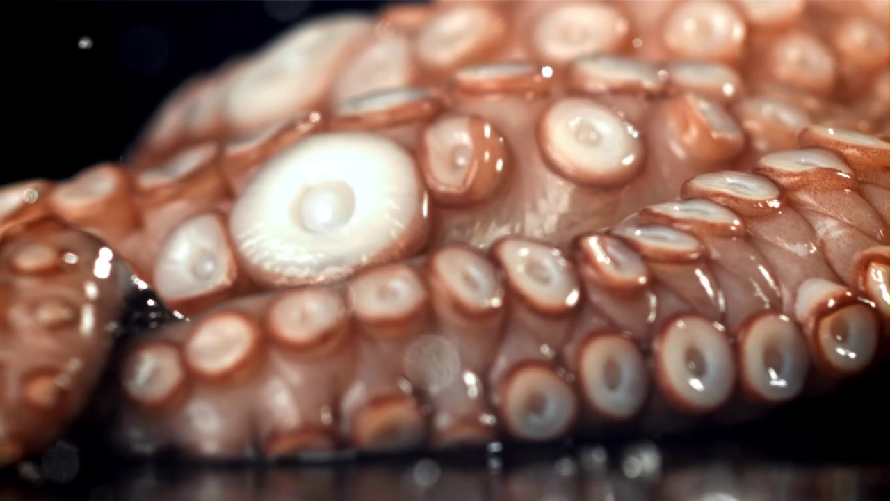Tentáculo de pulpo crudo salpicando en el agua en cámara lenta