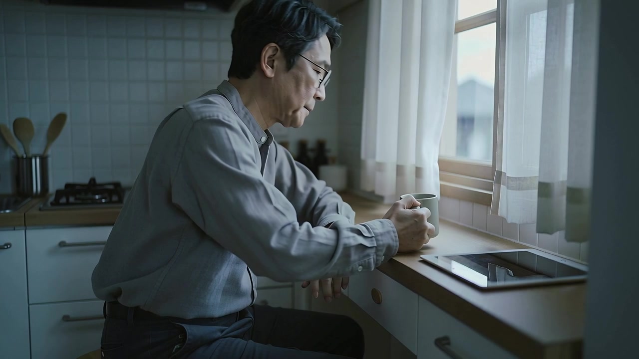 カウンターでセラミック製のマグカップを手に持ち、タブレットで景色を確認しながらカーテンに手を伸ばす年配のアジア人男性