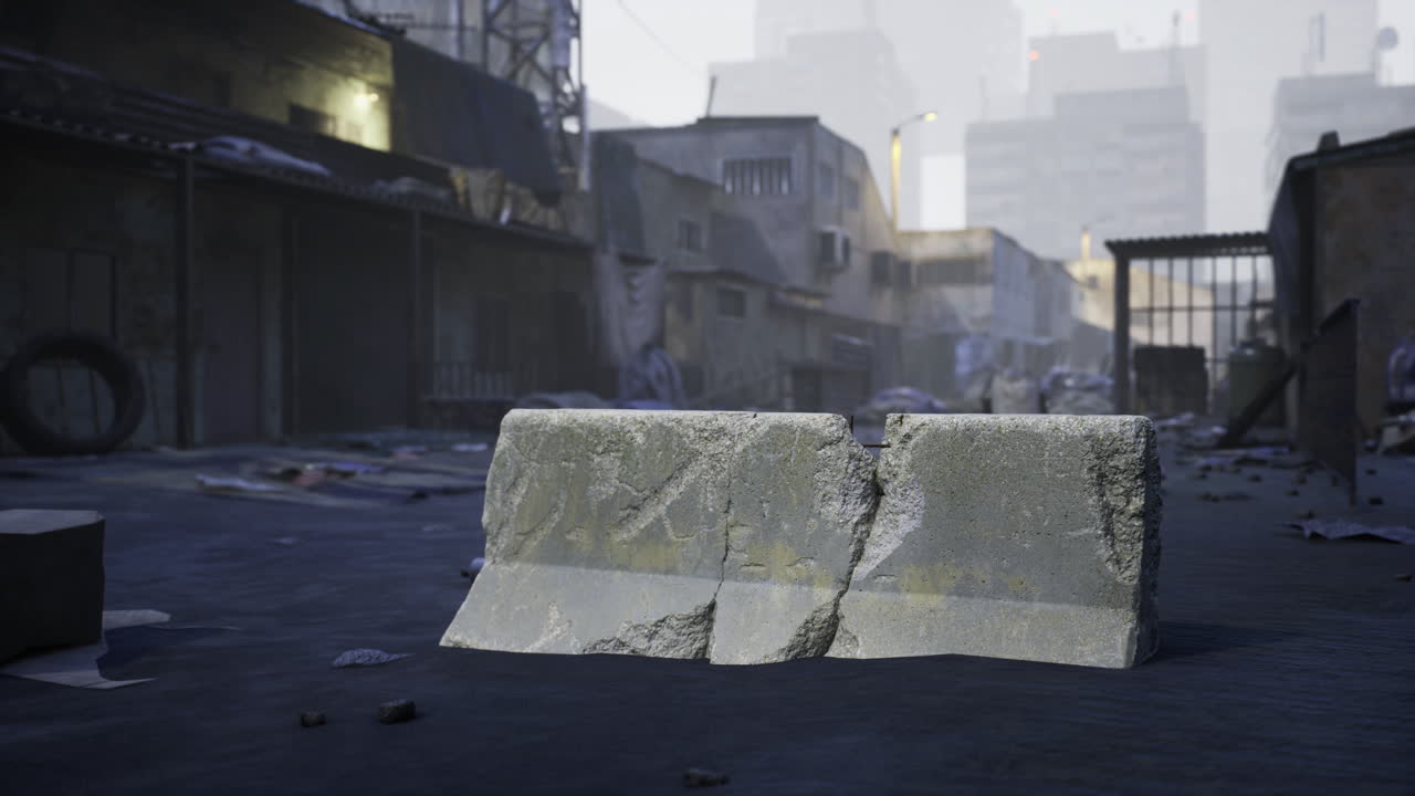 Block obstructs narrow urban alley in a hazy cityscape during daytime