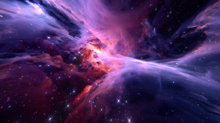 Fond de nébuleuse de l'espace lointain avec des étoiles brillantes et du gaz violet