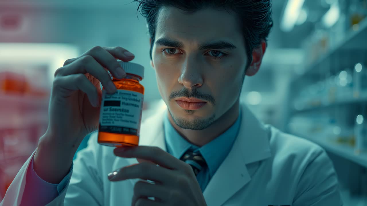 Bringing orange RX bottle up, pharmacist in lab coat focusing while verifying label in pharmacy