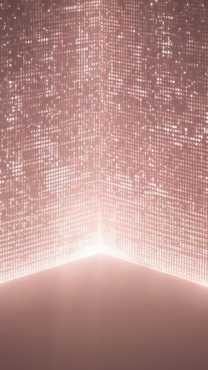 Video verticale: luce angolare pulsante che rivela un motivo a griglia sui pannelli all'altezza del pavimento, bagliore rosa