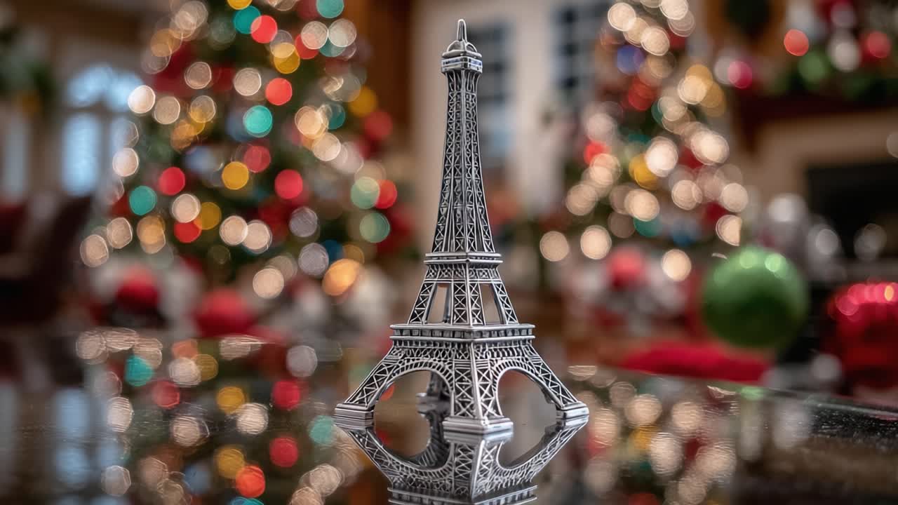 Una statuetta scintillante della Torre Eiffel in un'ambientazione festiva natalizia con alberi di Natale colorati e luci sfocate sullo sfondo.