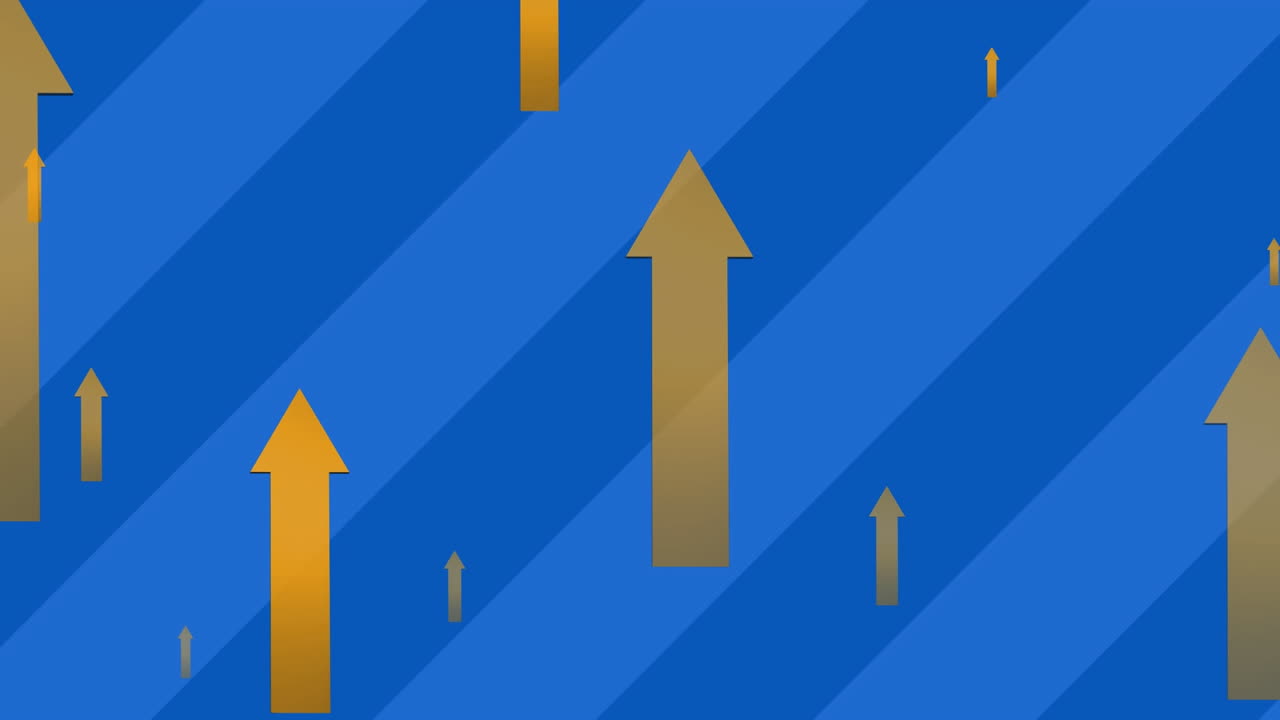 Animation of multiple arrow icons moving upwards against blue striped background with copy space