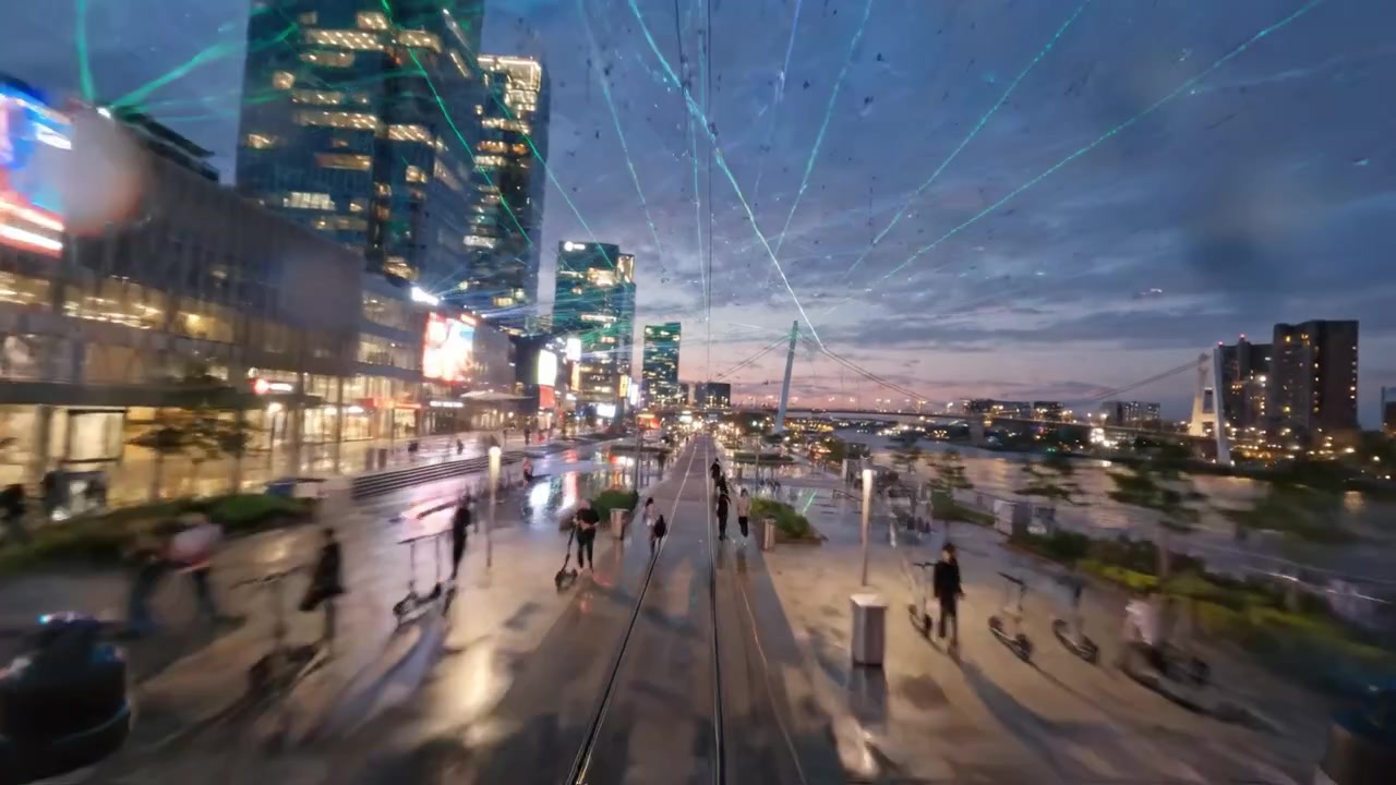 A breathtaking twilight view of a vibrant urban waterfront, showcasing lively streets lined with modern architecture and illuminated by city lights under a dusky sky.