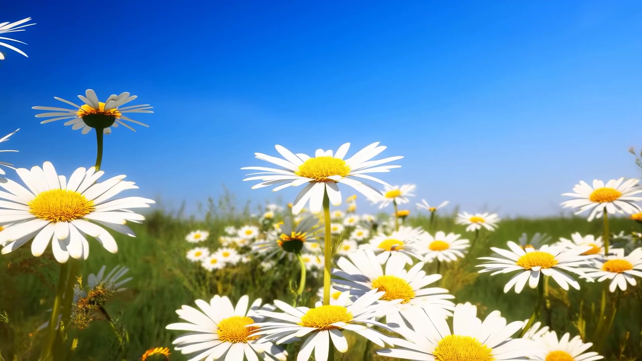 Campo di margherite sotto un cielo azzurro e luminoso. Petali bianchi baciati dal sole con centri dorati, primo piano ravvicinato dal basso su una vasta distesa.