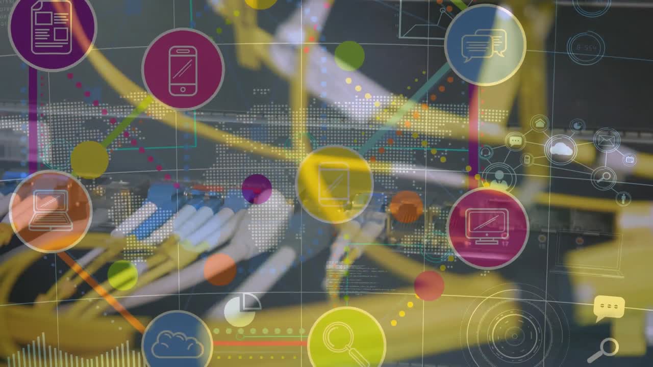 animación de iconos digitales sobre cables de computadora en segundo plano