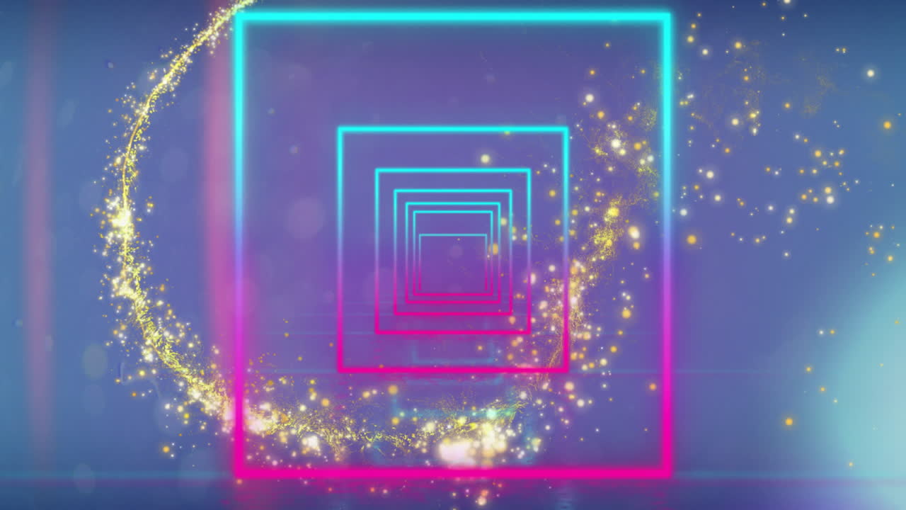 Animation of glowing shooting star over neon squares tunnel on blue background
