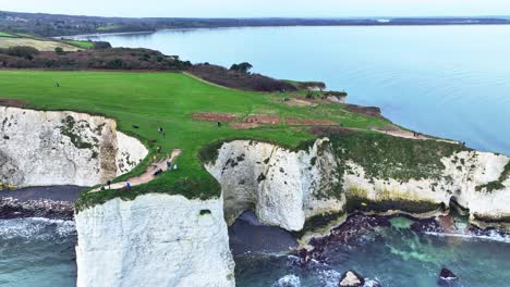 vista aérea panorámica a lo largo de los acantilados blancos de tiza en old harry rocks, inglaterra