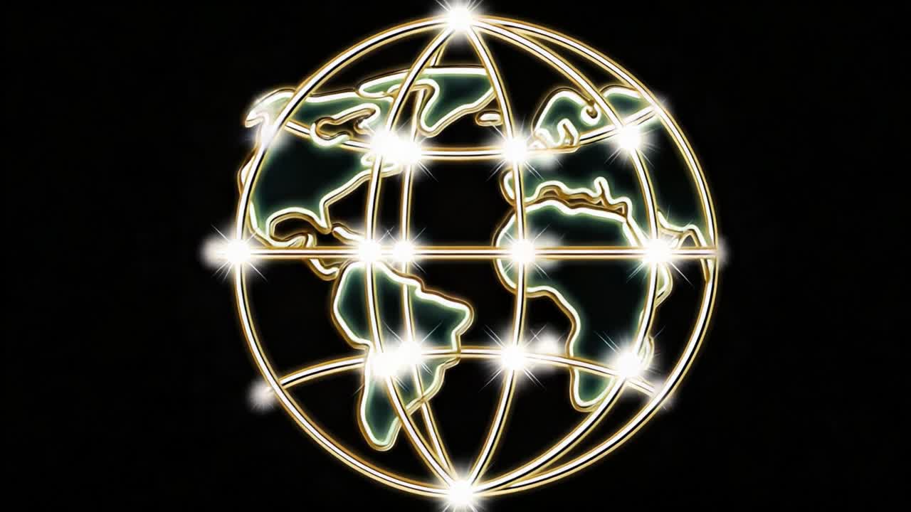 Stylized golden wireframe animation of planet earth rotating on a black background, with glowing intersection points representing a global network, communication, and technological connections