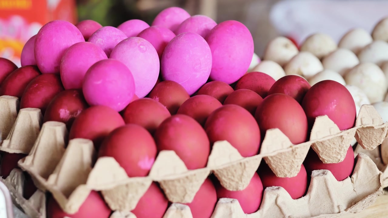Filipino salted eggs show vivid dyed shells traditionally use for identification