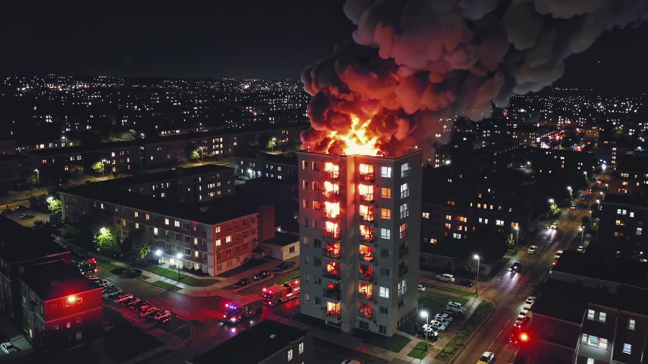 밤에 아파트 건물 화재