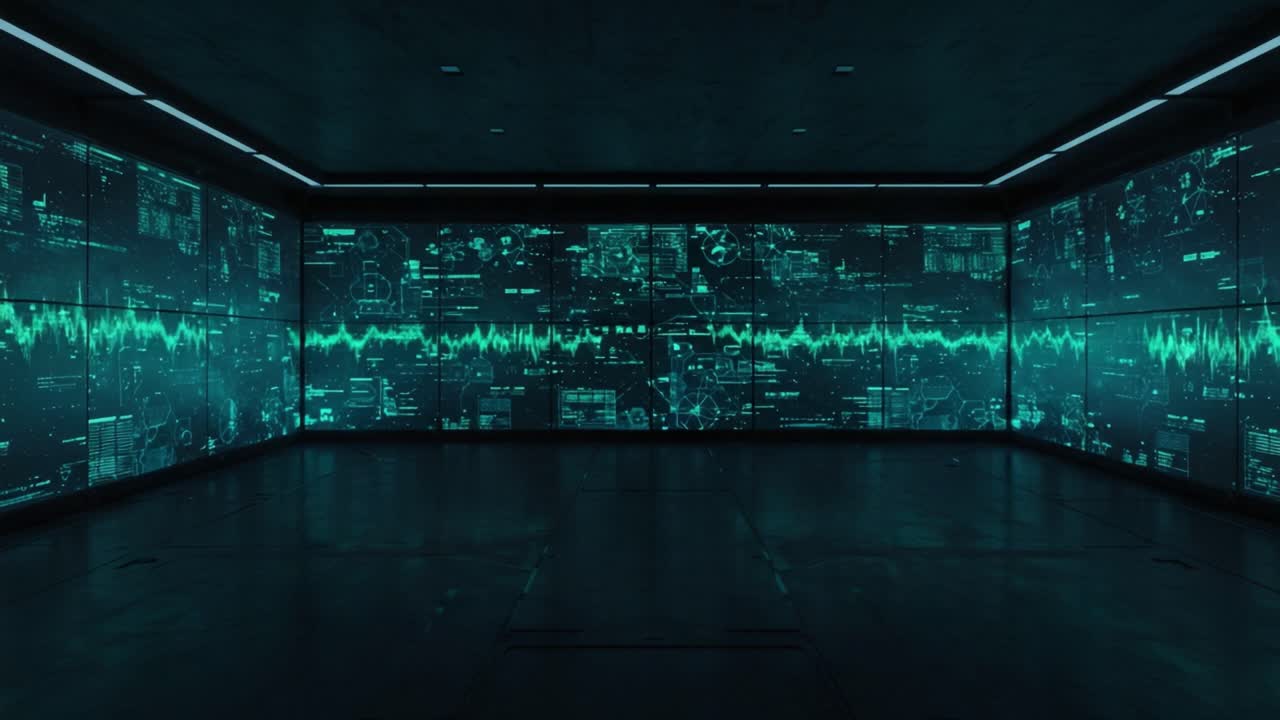 Digital Visualization of Sound Waves in a Futuristic Data Room with High-Tech Interfaces and Glowing Graphics on Walls
