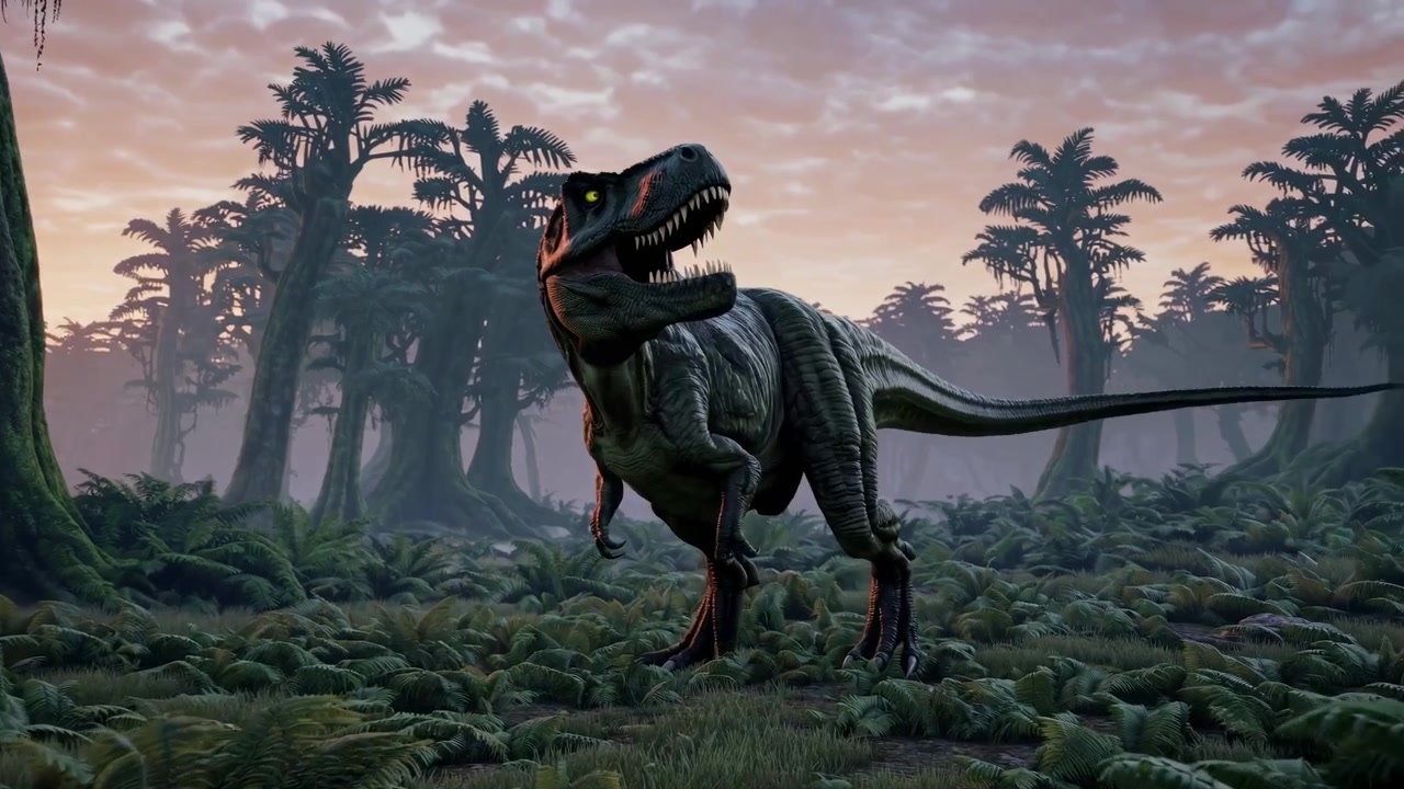 Tyrannosaurus Rex che ruggisce in un ambiente di giungla preistorica
