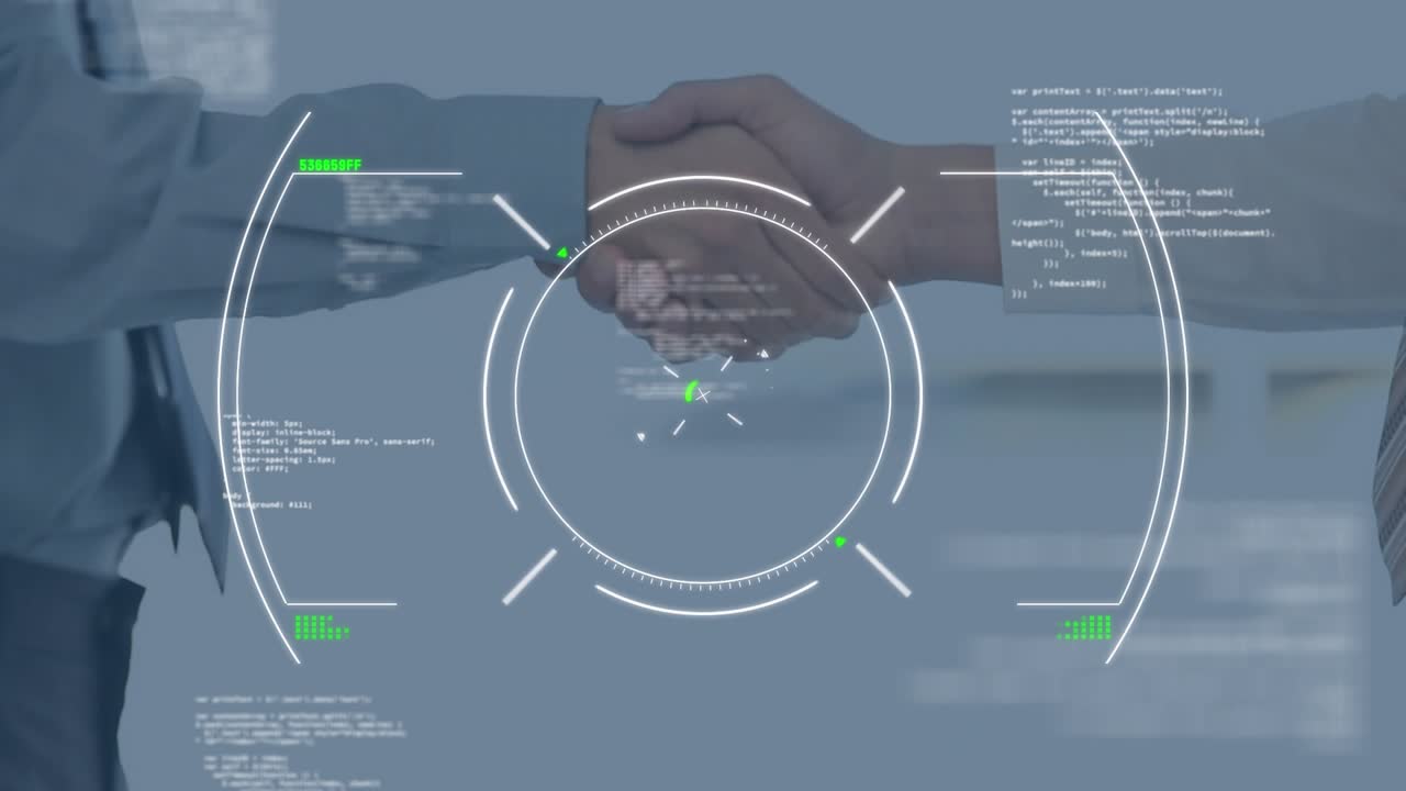 Animation of circles and computer language over midsection of entrepreneurs shaking hands