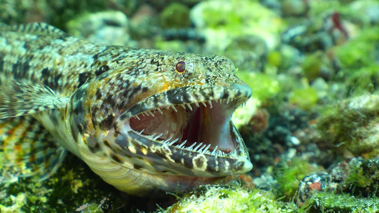 Side view of Lizardfish (Synodus synodus) devouring a Scorpionfish (Scorpaena maderensis)