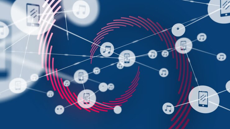 Musik- og smartphone-ikoner forbundet med linjer, digital netværksanimation.