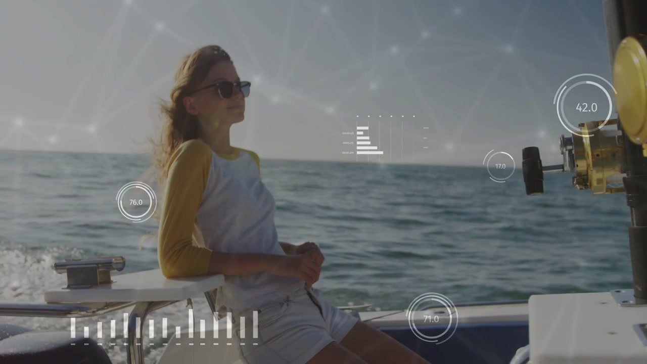 Teen rider reclining boat wake lifting hair turning tech HUD overlaying view near reel seeing sea