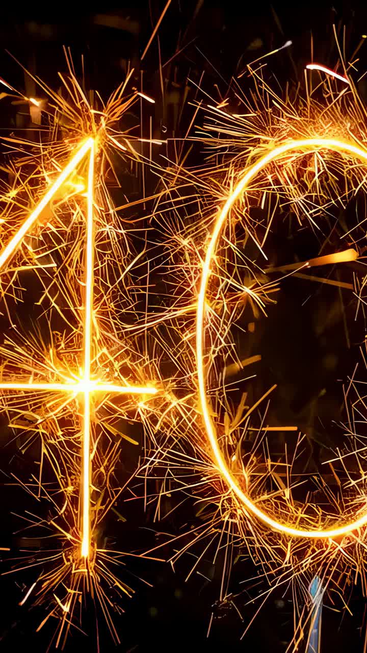 Vertical video: Forming glowing digits 4 and 0 on dark field, orange sparks starting magenta glow