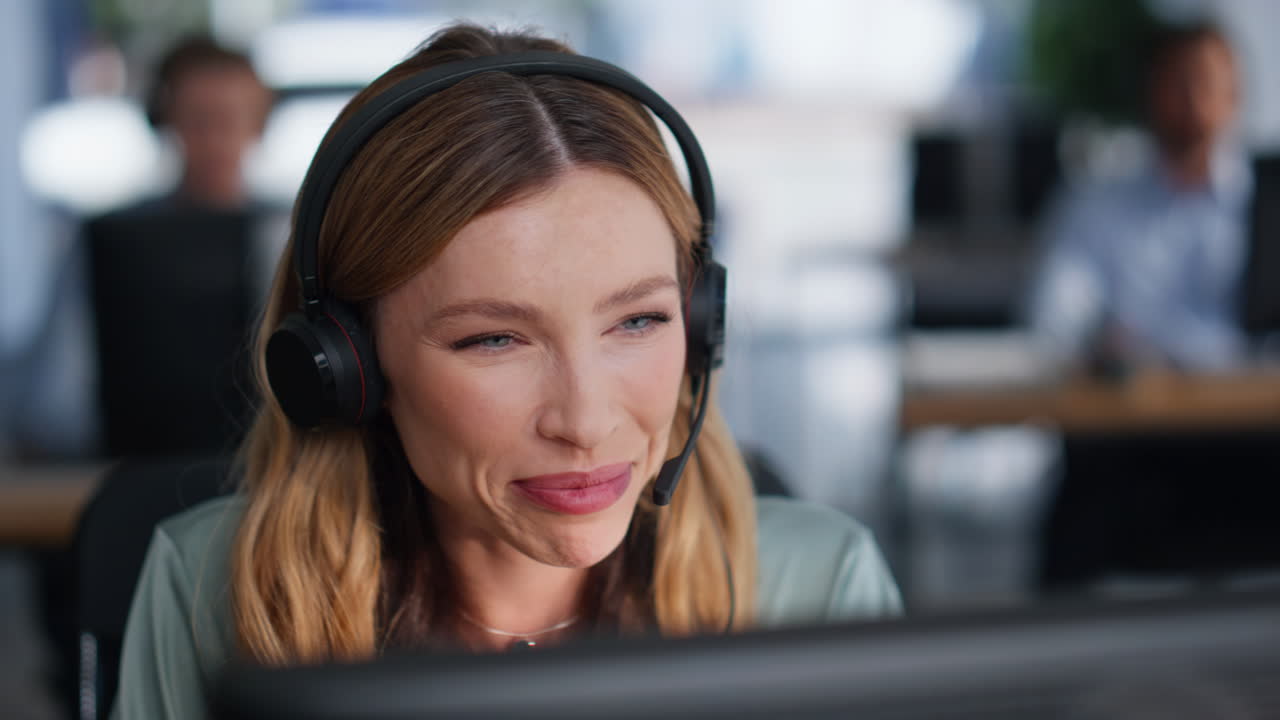 Portrait helpdesk operator helping customer providing support in office closeup