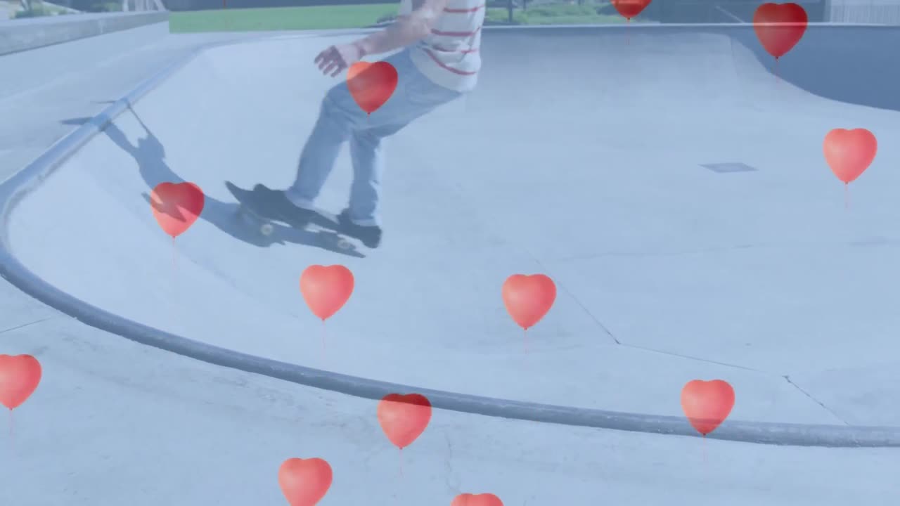스케이트보딩을 하는 백인 소년 위에 심장 모양의 풍선의 애니메이션