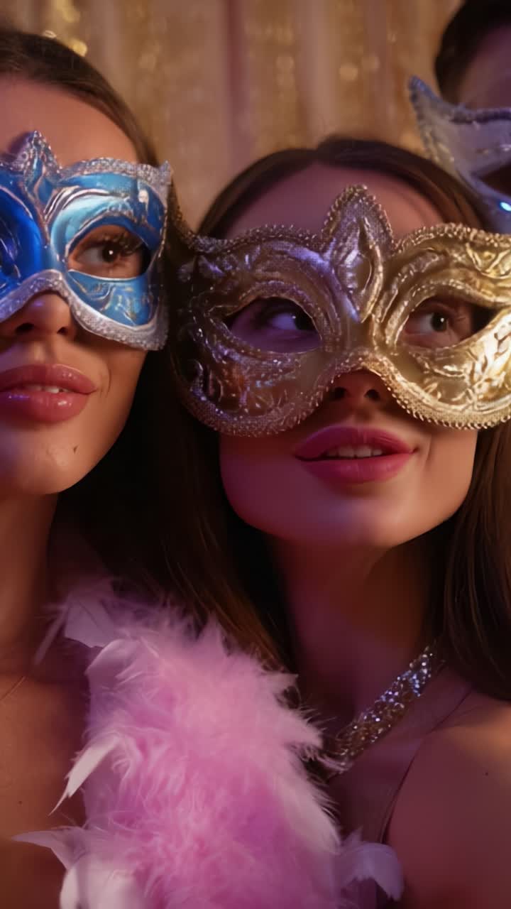 Accattivante primo piano di due donne affascinanti che si godono una festa con elaborate maschere in maschera, irradiando gioia ed eleganza in un'atmosfera abbagliante