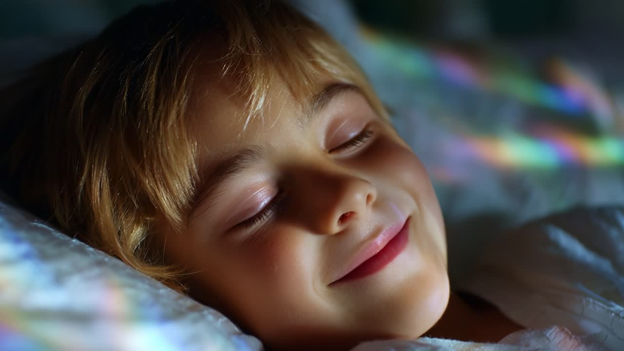 A Peaceful Moment of Slumber: A Young Child Enjoys a Serene Sleep with a Gentle Smile, Illuminated by Soft, Colorful Reflections on the Bedside Surrounding Them