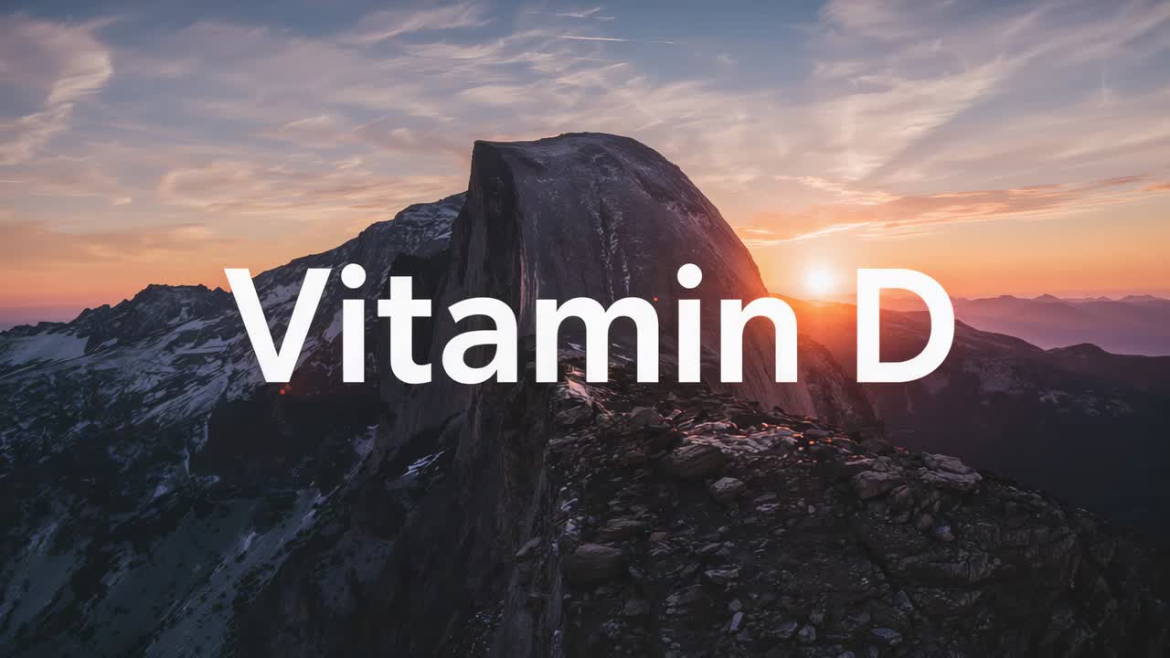 Displaying center title Vitamin D staying fixed above granite dome as rising sun casting warm light
