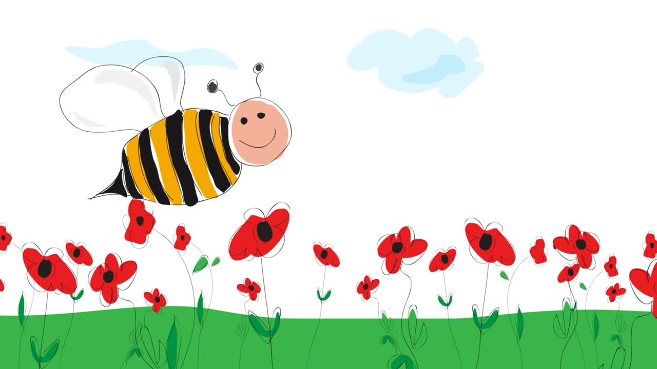 벌이 꽃을 날아다니며, 어린이가 만든 애니메이션 일러스트레이션 그림. 봄 개념, 자연과 환경을 구합니다.