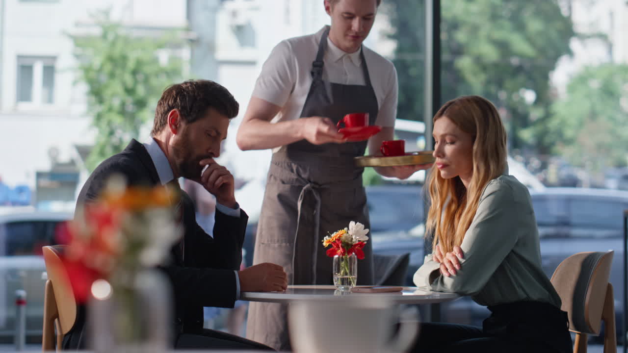 Corporate partners sitting restaurant thinking on business strategy. Work break