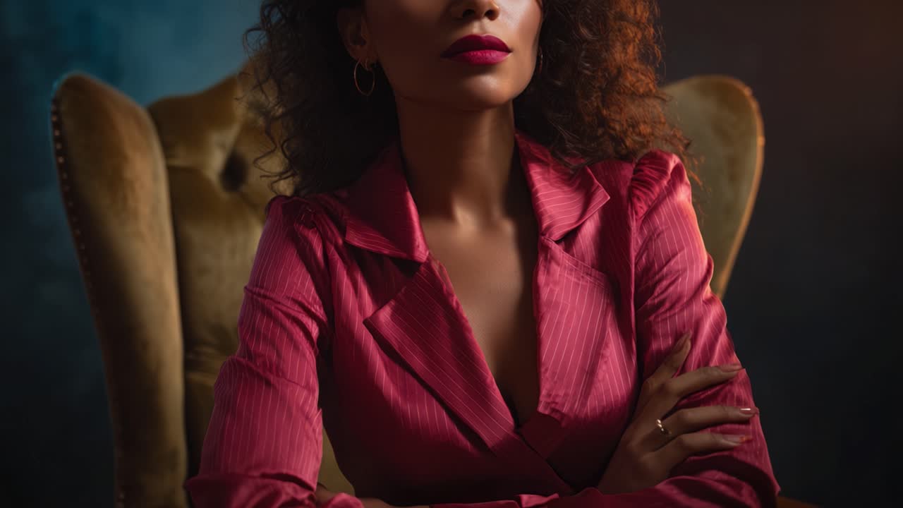 Una donna composta in camicetta rosa irradia sicurezza e forza mentre siede con decisione su una sedia vintage contro uno sfondo suggestivo.