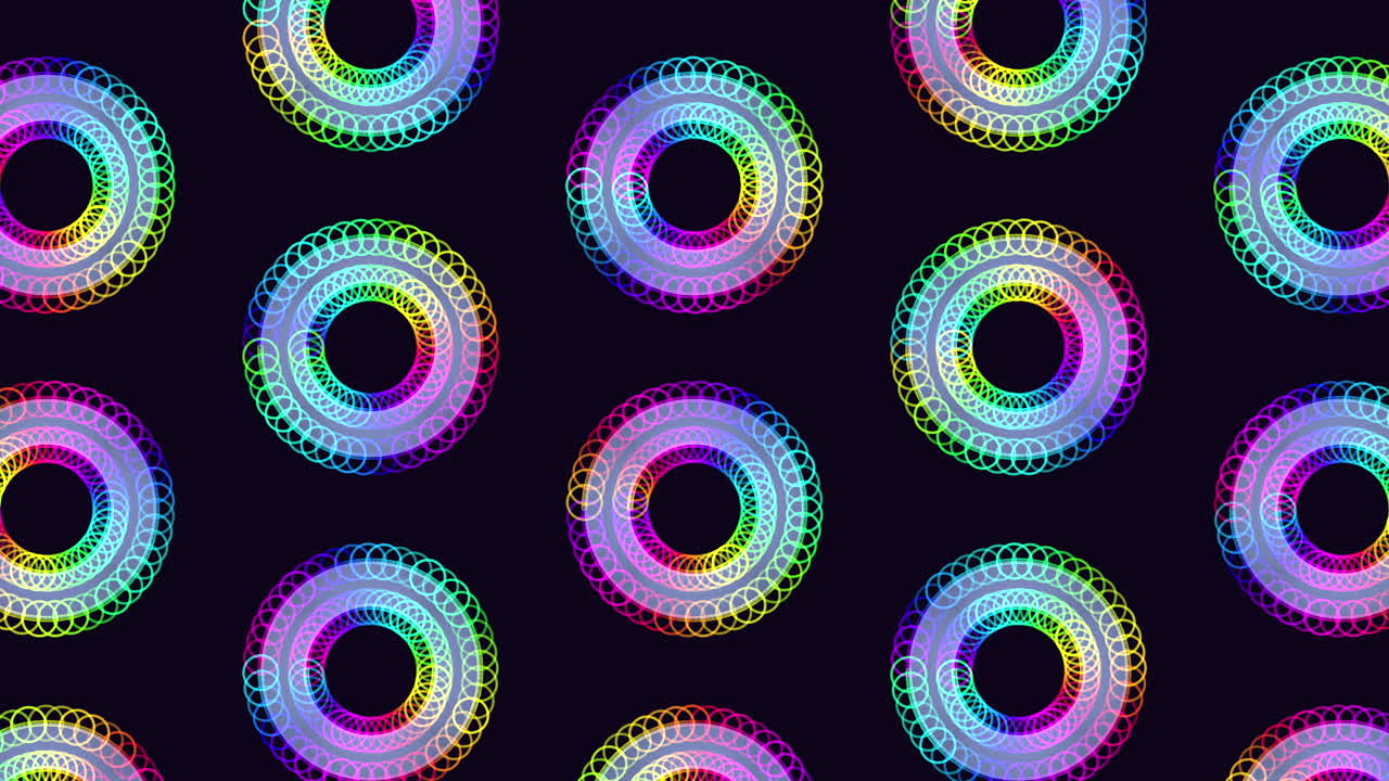patrón de anillos futuristas con colores coloridos en degradado negro.
