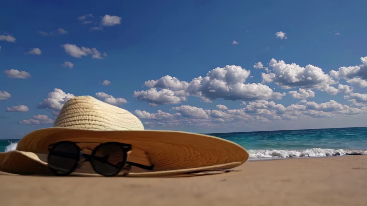 Video a bassa angolazione di una spiaggia serena con onde leggere e un cielo vasto pieno di nuvole soffici