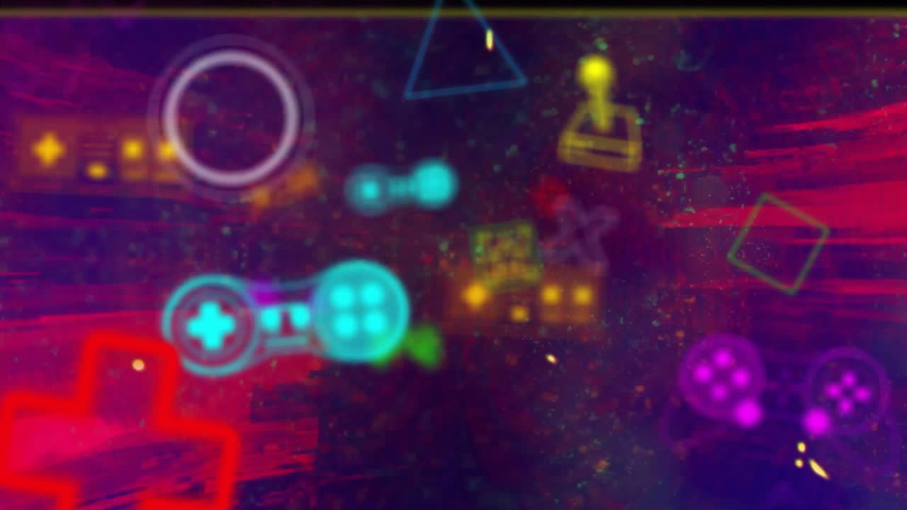 animación de coloridos controladores e iconos de videojuegos sobre flashes y fallos rojos