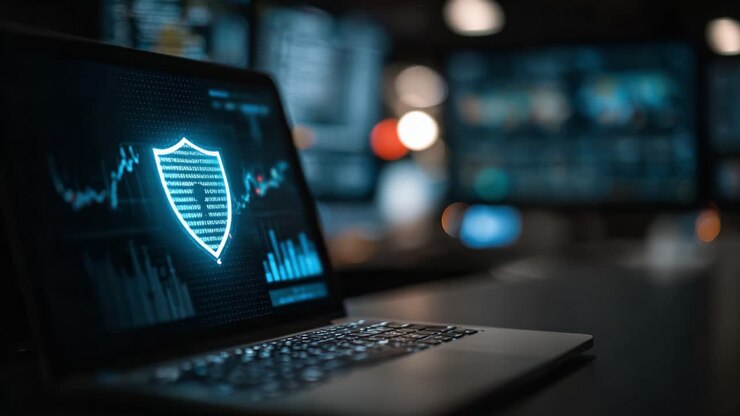 A Modern Laptop Displaying Cybersecurity Features with a Shield Icon, Surrounded by Multiple Monitors Showcasing Data, Analytics, and Protection Technologies