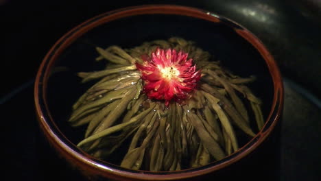 la "flor" de té floreciente de jazmín se expande en una taza de té en un movimiento de lapso de tiempo