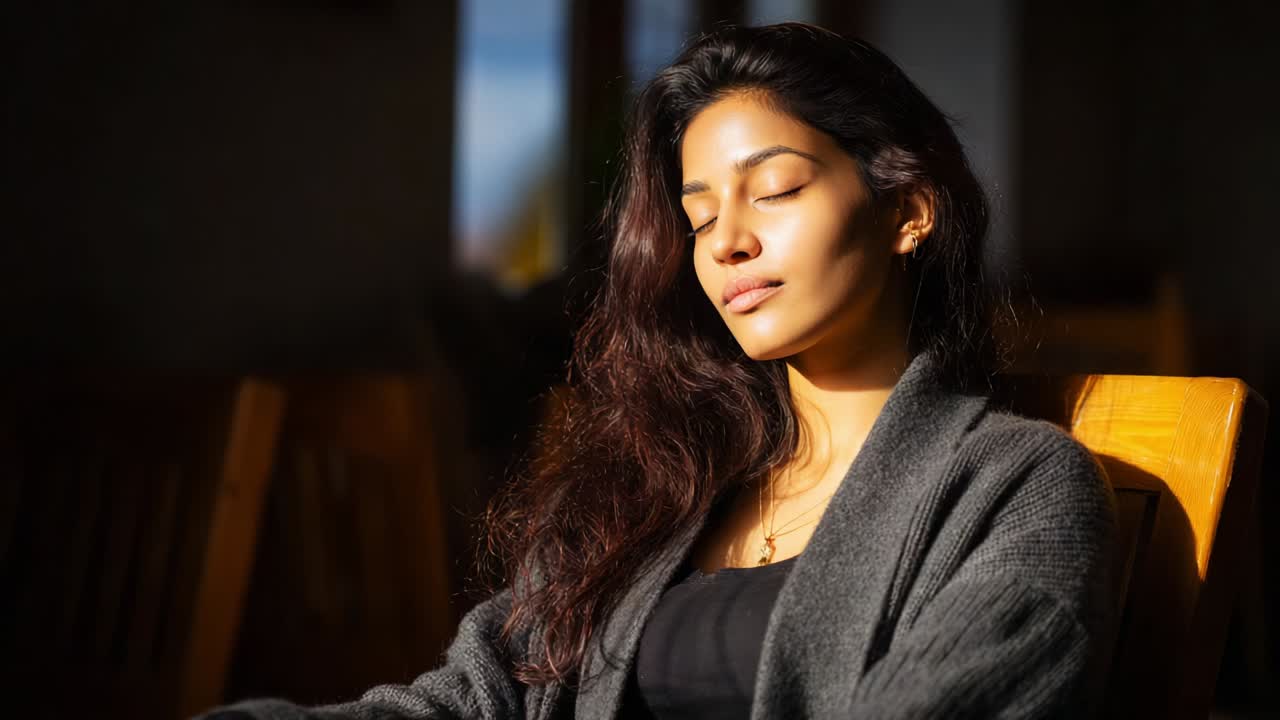 A Serene Moment of Reflection: A Young Woman Relaxing and Embracing Tranquility with Gentle Light Illuminating Her Features and Casting Soft Shadows in a Calm Retreat Space