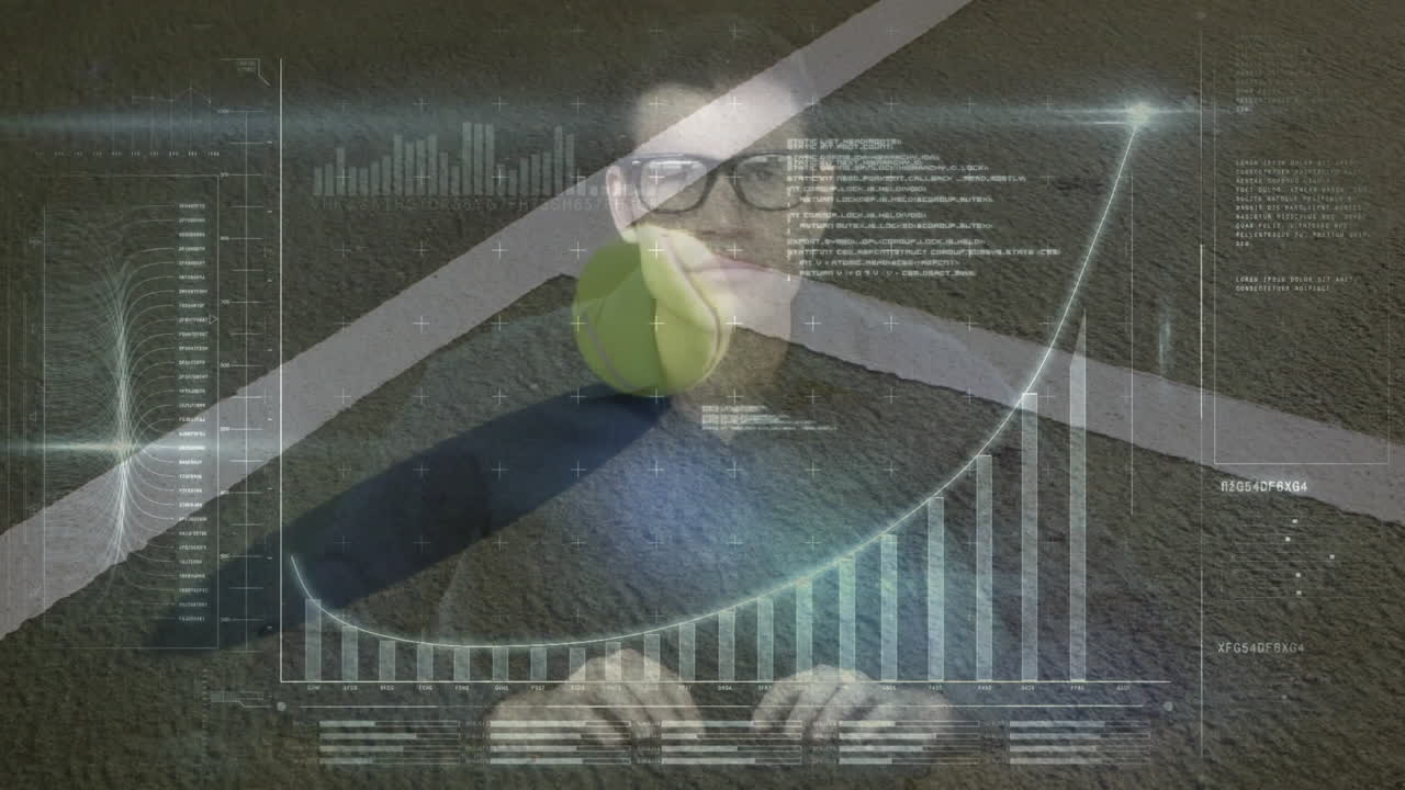 Man with glasses examining overlay on runway, with bar charts and alphanumeric code for technology